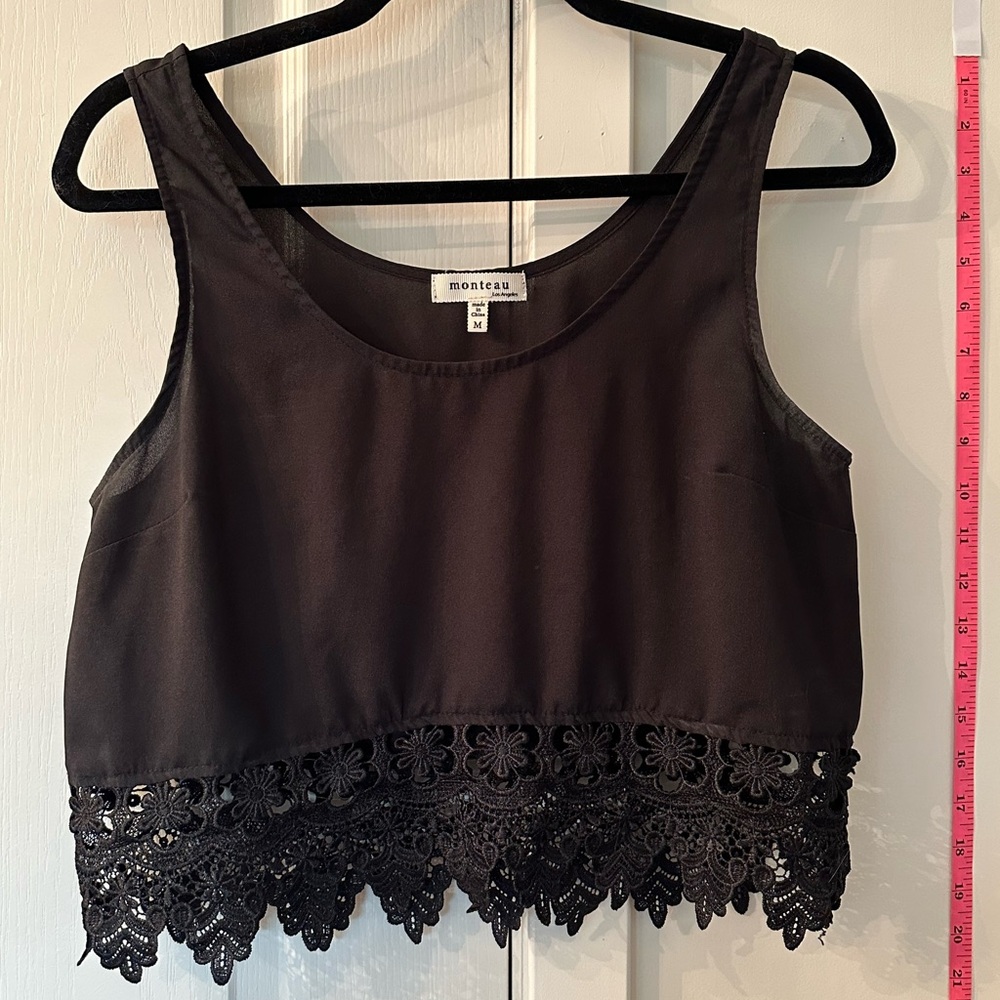 Monteau Brown Crop Tank Top with Lace Embellishment